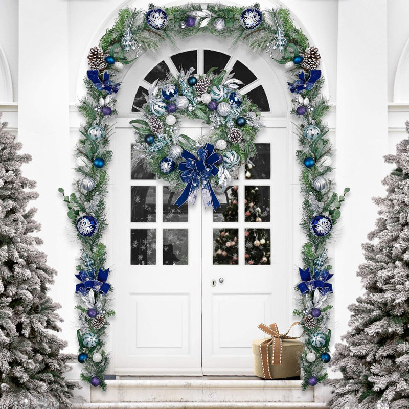 The Holiday Aisle 9 Feet Pre Lit Christmas Garland With Lights For Mantle Lighted Battery Operated Xmas Garland With Silver Blue Balls Ribbons For Front Door Fireplace Table Centerpiece Outdoor Decor ...